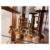Collection of 8 Brass Candlesticks and Small Brass Bell
