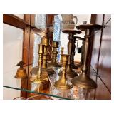 Collection of 8 Brass Candlesticks and Small Brass Bell