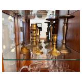 Collection of 8 Brass Candlesticks and Small Brass Bell