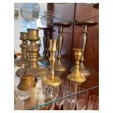 Collection of 8 Brass Candlesticks and Small Brass Bell