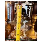 Collection of 8 Brass Candlesticks and Small Brass Bell
