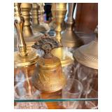 Collection of 8 Brass Candlesticks and Small Brass Bell