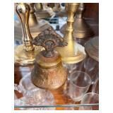 Collection of 8 Brass Candlesticks and Small Brass Bell