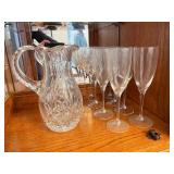 Cut Glass Pitcher and Set of 8 Wine Glasses