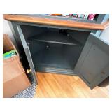 Green Corner Bookshelf with Wood Trim and Cabinet Doors
