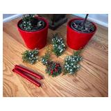 Artificial Topiary Ivy Plant with Red Pots, Decorative Picks, and Taper Candles Set