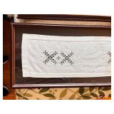 Framed Vintage Hand-Embroidered Linen Table Runner with Cutwork