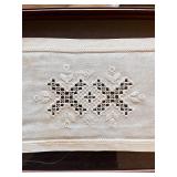 Framed Vintage Hand-Embroidered Linen Table Runner with Cutwork