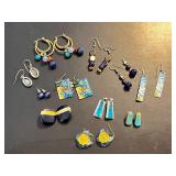 Collection of 10 Pairs Assorted Earrings in Blue and Gold Tones