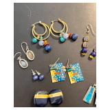 Collection of 10 Pairs Assorted Earrings in Blue and Gold Tones