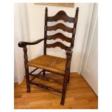 Antique Ladder-Back Windsor Arm Chair with Rush Seat - Dark Wood