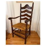 Antique Ladder-Back Windsor Arm Chair with Rush Seat - Dark Wood