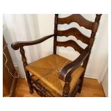 Antique Ladder-Back Windsor Arm Chair with Rush Seat - Dark Wood