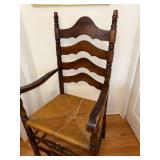 Antique Ladder-Back Windsor Arm Chair with Rush Seat - Dark Wood