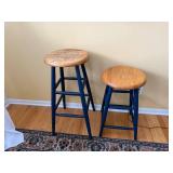 Pair of Wooden Bar Stools - Oak Round Seats, Blue Painted Legs