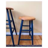 Pair of Wooden Bar Stools - Oak Round Seats, Blue Painted Legs