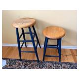 Pair of Wooden Bar Stools - Oak Round Seats, Blue Painted Legs
