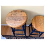 Pair of Wooden Bar Stools - Oak Round Seats, Blue Painted Legs