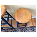 Pair of Wooden Bar Stools - Oak Round Seats, Blue Painted Legs