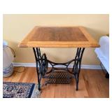 Antique Treadle Sewing Table - Oak Top & Cast-Iron Base with Open Mesh Storage Shelf