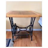 Antique Treadle Sewing Table - Oak Top & Cast-Iron Base with Open Mesh Storage Shelf