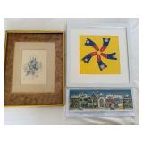 Framed Art Prints Set of 3 - Botanical Sketch, Bright Yellow Abstract & Town Scene