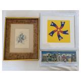 Framed Art Prints Set of 3 - Botanical Sketch, Bright Yellow Abstract & Town Scene