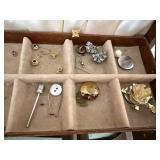 Vintage Brown Jewelry Box - Divided Tray with Assorted Jewelry Findings Inside