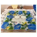 Cobalt Blue Glass Bowl on Clear Pedestal - Floral Tile, Doily & Ceramic Platter Lot