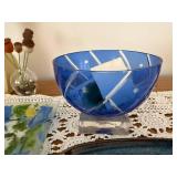 Cobalt Blue Glass Bowl on Clear Pedestal - Floral Tile, Doily & Ceramic Platter Lot