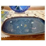 Cobalt Blue Glass Bowl on Clear Pedestal - Floral Tile, Doily & Ceramic Platter Lot