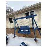 Blue Outdoor Wooden Patio Swing Set with Adirondack Chairs - 6-Piece Set
