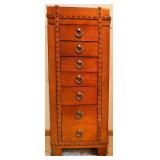 Vintage Jewelry Armoire Tall Chest - Riveted Trim & Ring Pulls, Mirror Lid