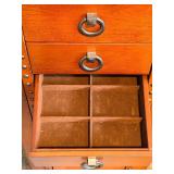 Vintage Jewelry Armoire Tall Chest - Riveted Trim & Ring Pulls, Mirror Lid