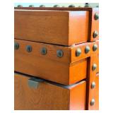 Vintage Jewelry Armoire Tall Chest - Riveted Trim & Ring Pulls, Mirror Lid