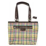 Coach Plaid Tote Bag with Leather Handles & Purple Interior