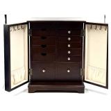 Dark Wood Jewelry Armoire with Grid Pane Front & Mirror Lid