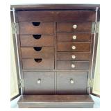 Dark Wood Jewelry Armoire with Grid Pane Front & Mirror Lid