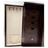 Dark Wood Jewelry Armoire with Grid Pane Front & Mirror Lid