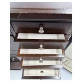 Dark Wood Jewelry Armoire with Grid Pane Front & Mirror Lid