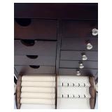 Dark Wood Jewelry Armoire with Grid Pane Front & Mirror Lid