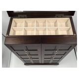 Dark Wood Jewelry Armoire with Grid Pane Front & Mirror Lid