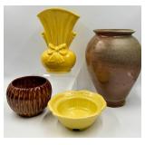 Shawnee Bow Vase & McCoy 685 Bowl & McCoy Greenish Yellow Bowl & Artist-Signed Tall Pottery Vase (Lot of 4)