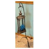Antique-Style Metal Lantern on Iron Stand & Blue LED Beads Bulbs Inside