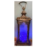 Antique-Style Metal Lantern on Iron Stand & Blue LED Beads Bulbs Inside