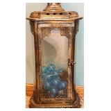 Antique-Style Metal Lantern on Iron Stand & Blue LED Beads Bulbs Inside