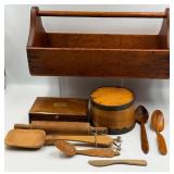 Vintage Wooden Kitchen Utensil Box Set - Spoons, Rolling Pins & Canister