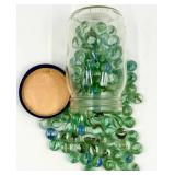 Vintage Glass Marbles Swirl Pattern Green & Blue in Vintage Mason Jar with Lid