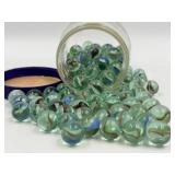 Vintage Glass Marbles Swirl Pattern Green & Blue in Vintage Mason Jar with Lid