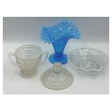 Vintage Fenton Hobnail Blue Glass Vase & Clear Glass Items- 4 Piece Set